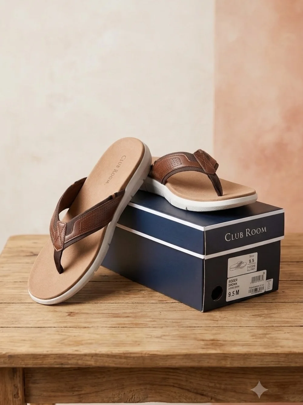 Club Room Brown Leather T-Strap Flip-Flops with White Sole